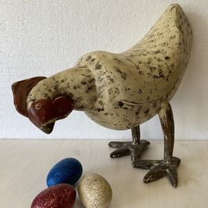 Vintage Smith & Hawken Carved Teak Wood Hen w/eggs FOLK ART French Farm Country